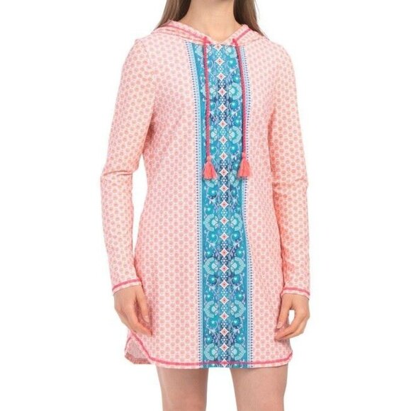 AQUA ET SOL Beach Coverup Dress Blue Orange Print Hooded Hoodie UPF 50+ - Picture 1 of 2